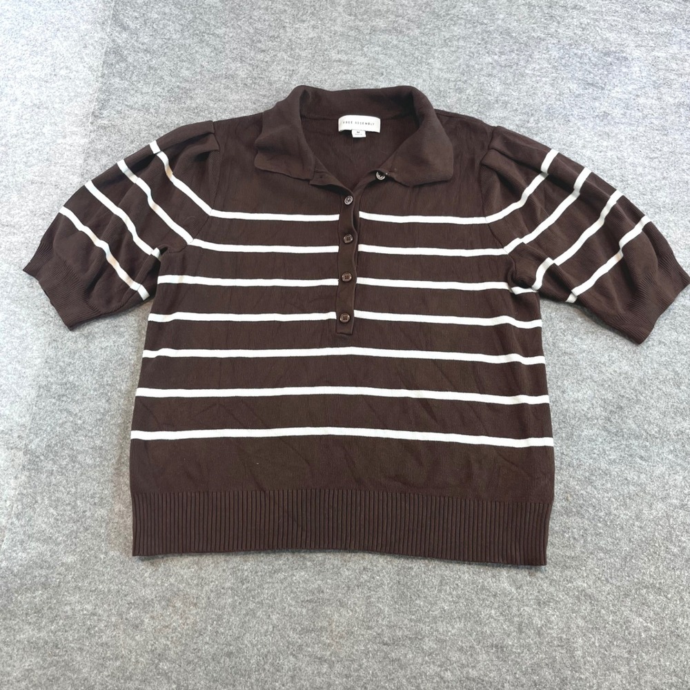 Free Assembly Womens Striped Knit Polo Brown Preppy Coastal Medium Puff Sleeve